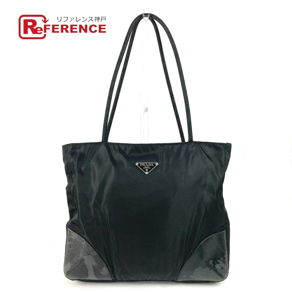 PRADA Triangle Logo Plate Bag Shoulder Tote Leather Black